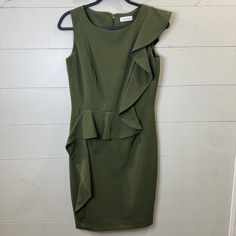 Calvin Klein | Olive Green Sleeveless Ruffle Sheath Dress Size 4